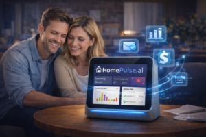 Couple reviewing home finances and documents using a digital home command center dashboard.