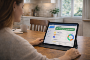 Woman viewing HomePulse.ai home management app dashboard showing property tax paid and tracked in a digital command center.