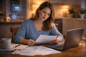 Homeowner reviewing property tax documents and paperwork without a structured home management app.