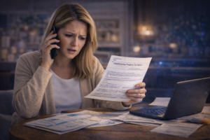 Homeowner reviewing a supplemental property tax notice while searching documents without a centralized home command center.