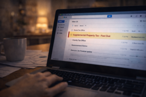Supplemental property tax past due email missed without centralized home management app tracking.