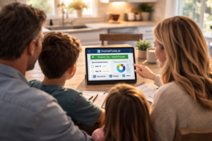  Family using a home command center dashboard on a tablet to track property tax deadlines and manage home documents with a home management app.