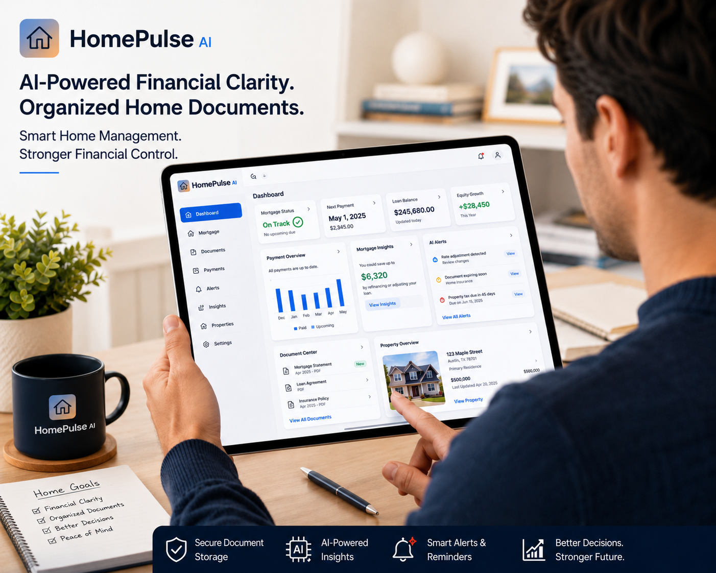 John using HomePulse.ai on his laptop to review mortgage records and detect mortgage overpayment through the best document management software.